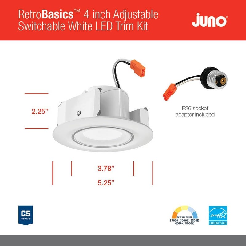 Juno 4 Inch Adjustable LED Recessed Lighting, RetroBasics Series Adjustable Gimbal LED Downlight Trim Kit, 4" Ceiling Light with 5-in-1 Switchable White Color, 700 Lumens, Matte White - Image 4